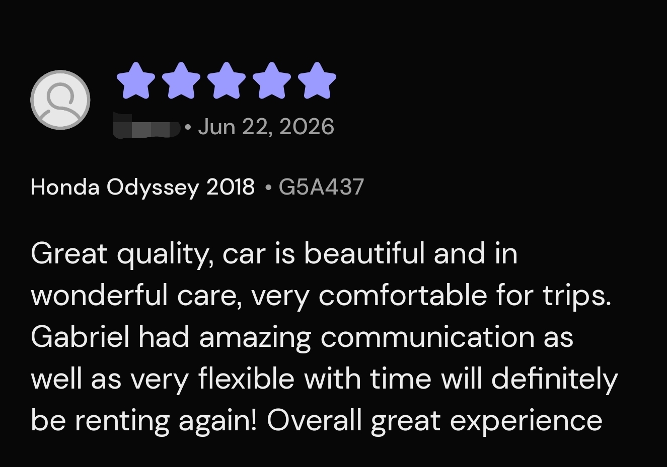 5-star Turo review: “Great quality, car is beautiful and in wonderful care… Gabriel had amazing communication. Overall great experience.”