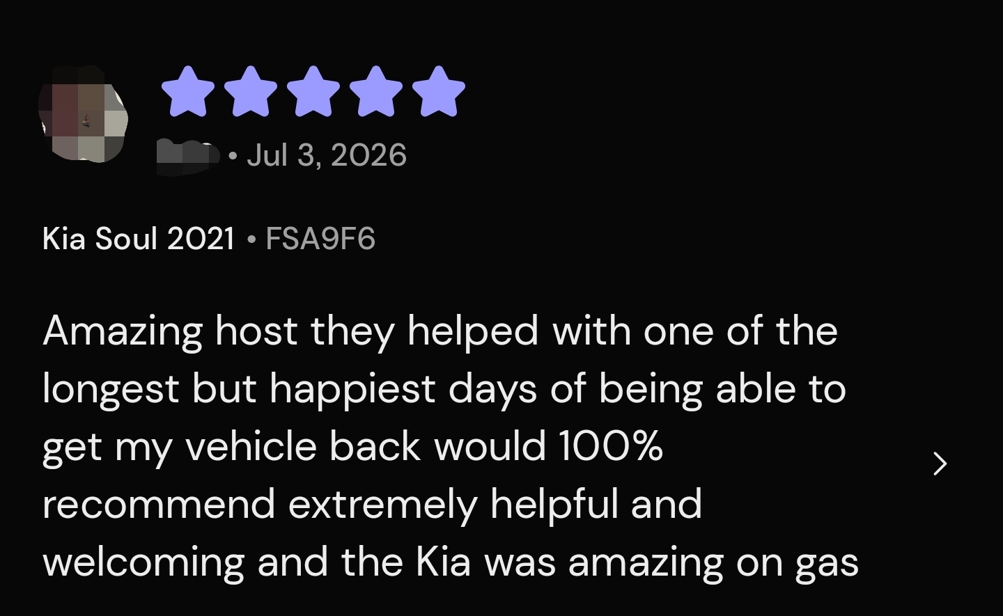 5-star Turo review: “Amazing host… would 100% recommend, extremely helpful and welcoming and the Kia was amazing on gas.”