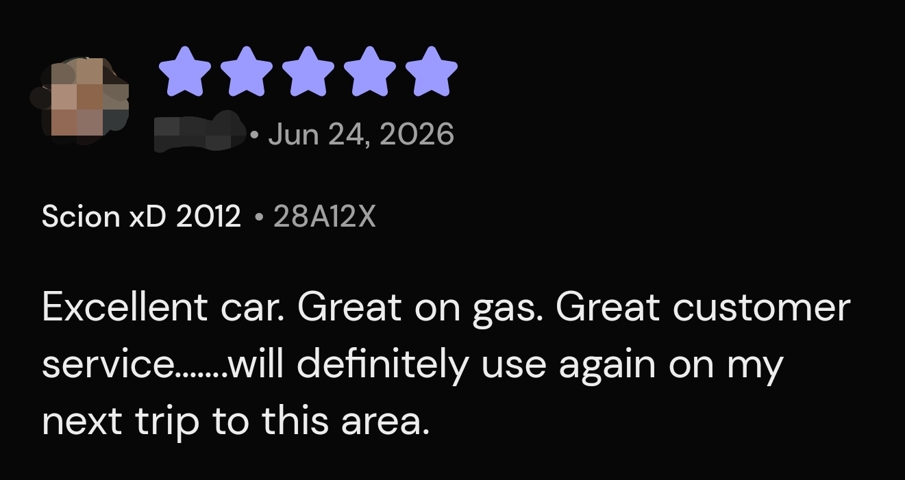 5-star Turo review: “Excellent car. Great on gas. Great customer service… will definitely use again on my next trip to this area.”